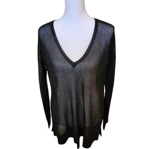 Black Label by Chicos Womens Sheer Knit V Neck Long Sleeve Top Size S